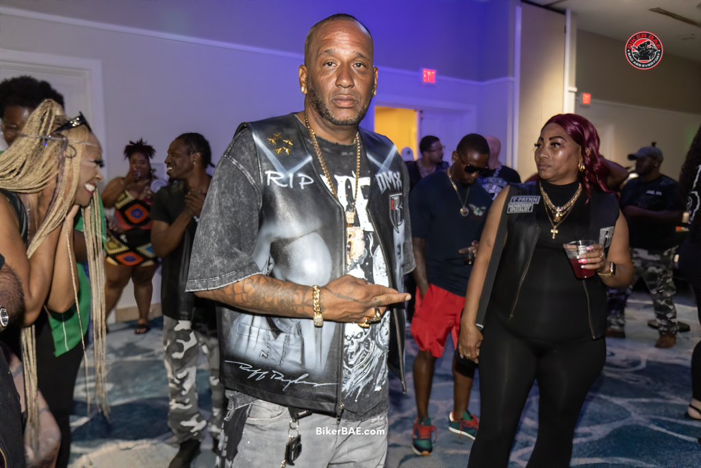 Person wearing a custom black leather vest featuring a large tribute to DMX at the 23rd Annual Florida State Ruff Ryders State Weekend in Kissimmee, Florida.